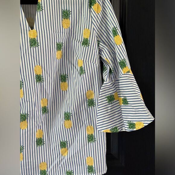 Tacera blue and white striped bell sleeve top with yellow and green pineapples - Picture 2 of 7